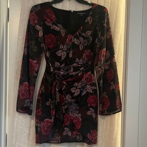 Guess Long Sleeve Floral Dress - Black and Red